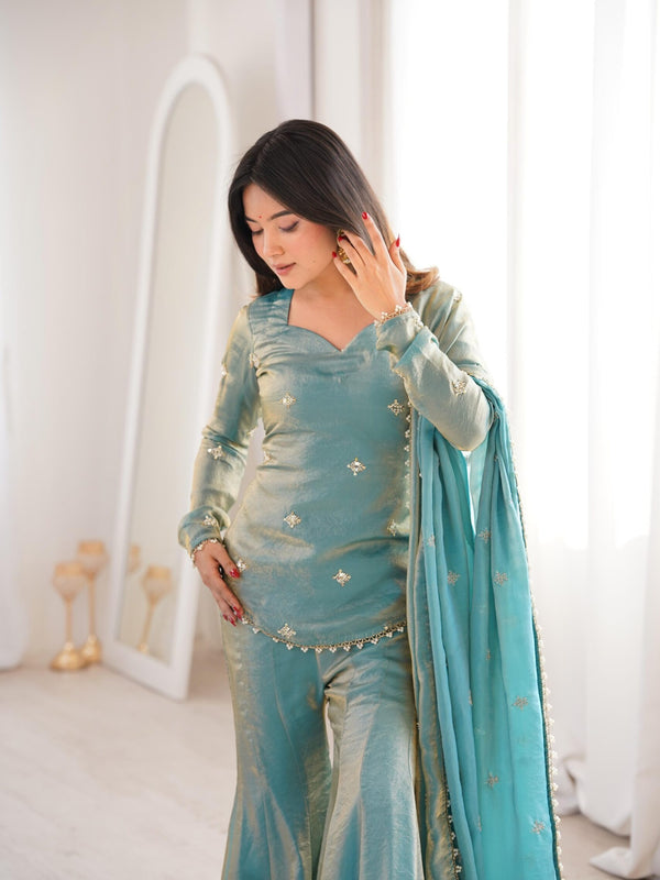 Women's Embroidered Fandy Silk Short Kurta With Pant & Dupatta Set