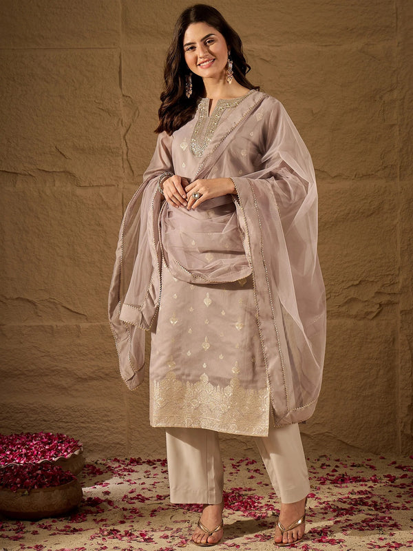 Women's Silk Blend Kurta With Pant & Net Dupatta Set