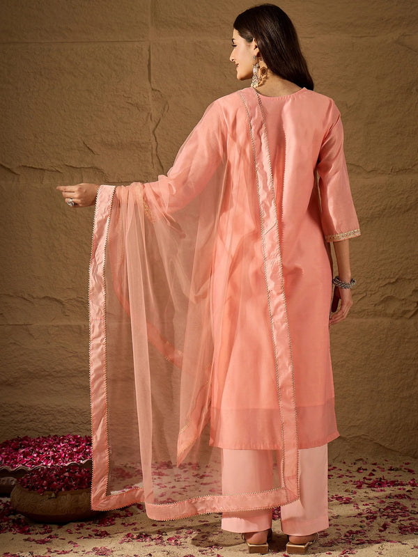 Women's Silk Blend Kurta With Pant & Net Dupatta Set