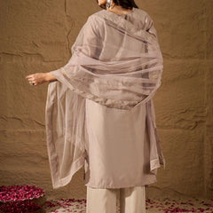 Women's Silk Blend Kurta With Pant & Net Dupatta Set