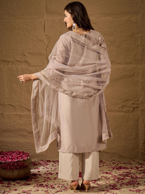 Women's Silk Blend Kurta With Pant & Net Dupatta Set