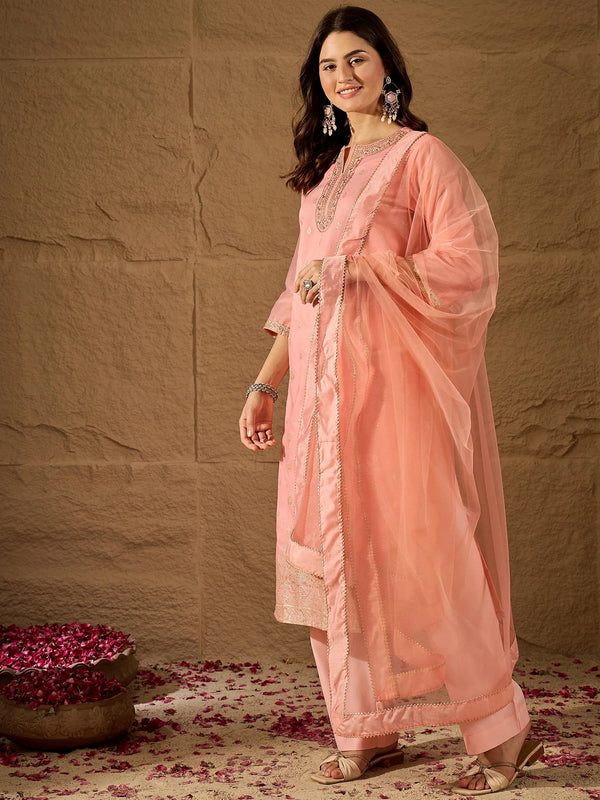 Women's Silk Blend Kurta With Pant & Net Dupatta Set