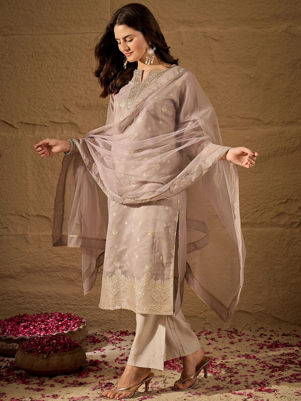 Women's Silk Blend Kurta With Pant & Net Dupatta Set