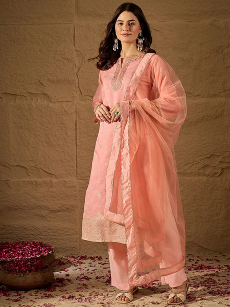 Women's Silk Blend Kurta With Pant & Net Dupatta Set