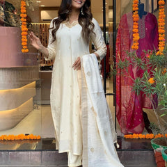 Women’s Viscose Chanderi Embroidered Straight Kurta With Bottom & Jacquard Dupatta Set