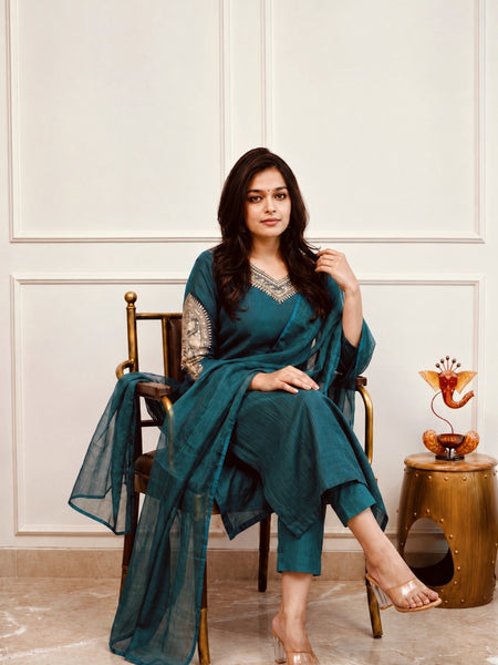 Silk Blend Kurta Set With Kota Doria Dupatta