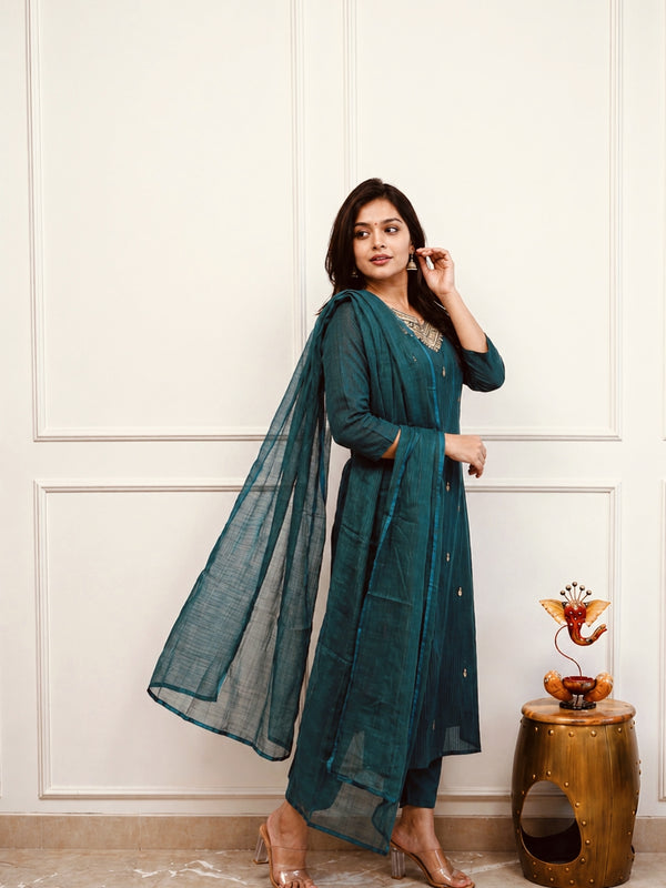 Silk Blend Kurta Set With Kota Doria Dupatta