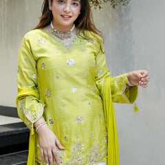 Women's Silk Embroidered Kurta with Pant & Nazmin Dupatta Set
