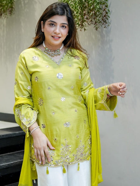 Women's Silk Embroidered Kurta with Pant & Nazmin Dupatta Set