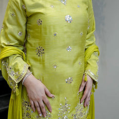 Women's Silk Embroidered Kurta with Pant & Nazmin Dupatta Set