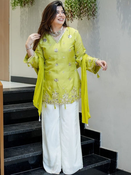 Women's Silk Embroidered Kurta with Pant & Nazmin Dupatta Set