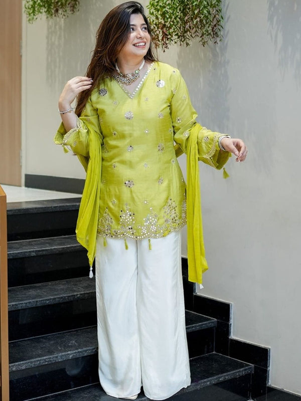 Women's Silk Embroidered Kurta with Pant & Nazmin Dupatta Set