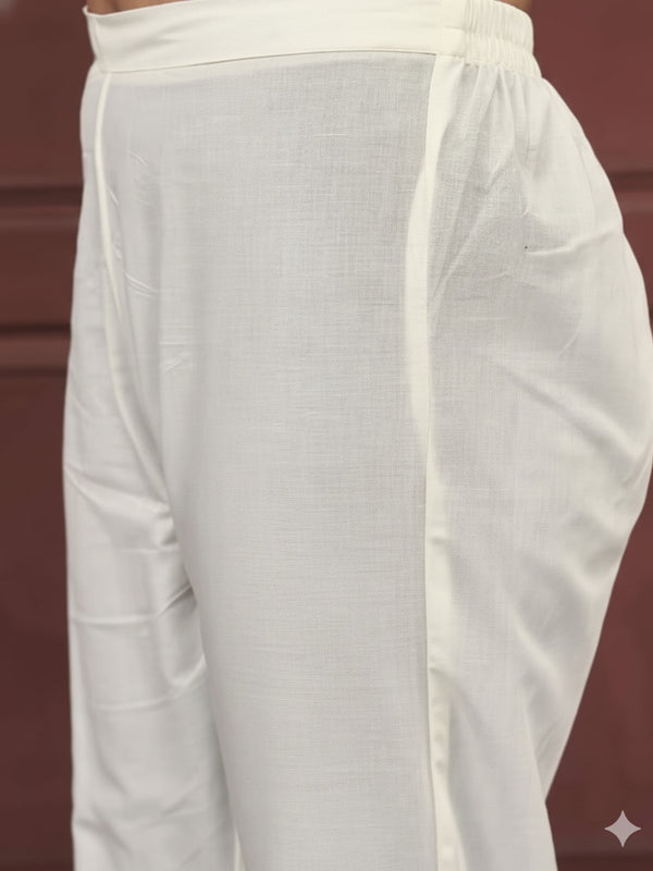 Women's Rayon Slub Embroidered Kurti with Pant & Soft Organza Dupatta Set
