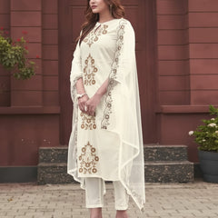 Women's Rayon Slub Embroidered Kurti with Pant & Soft Organza Dupatta Set