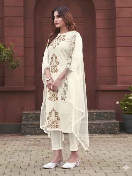 Women's Rayon Slub Embroidered Kurti with Pant & Soft Organza Dupatta Set