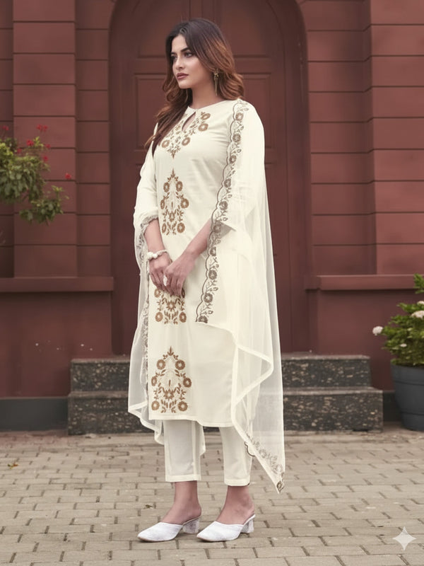 Women's Rayon Slub Embroidered Kurti with Pant & Soft Organza Dupatta Set