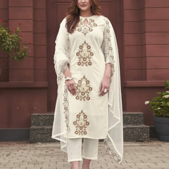 Women's Rayon Slub Embroidered Kurti with Pant & Soft Organza Dupatta Set