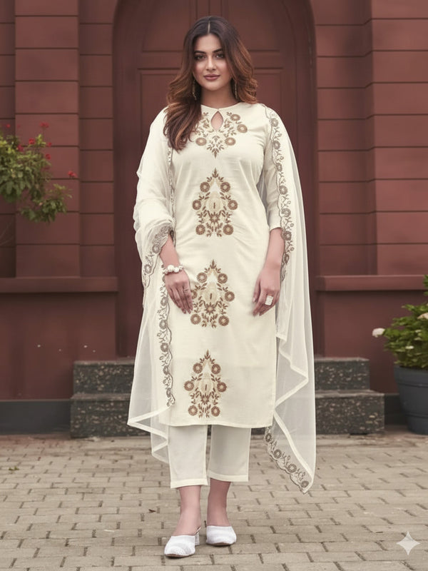 Women's Rayon Slub Embroidered Kurti with Pant & Soft Organza Dupatta Set