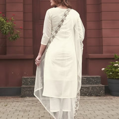 Women's Rayon Slub Embroidered Kurti with Pant & Soft Organza Dupatta Set