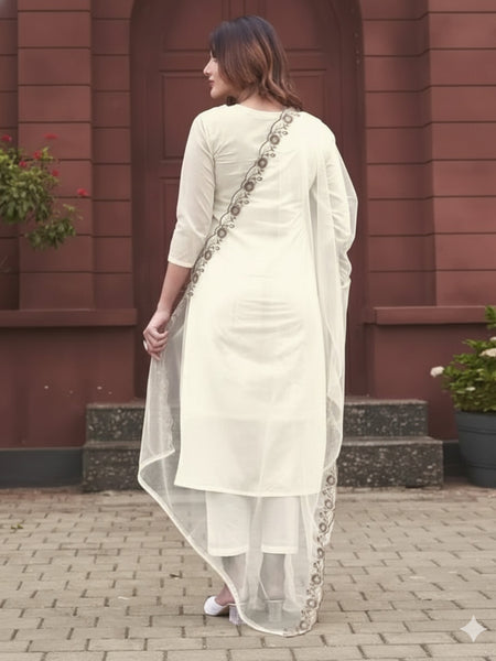 Women's Rayon Slub Embroidered Kurti with Pant & Soft Organza Dupatta Set