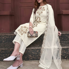 Women's Rayon Slub Embroidered Kurti with Pant & Soft Organza Dupatta Set