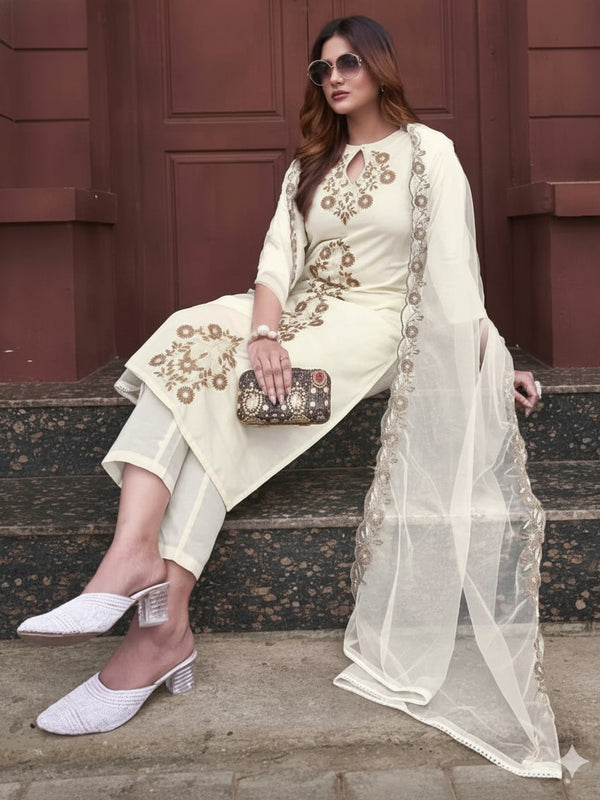 Women's Rayon Slub Embroidered Kurti with Pant & Soft Organza Dupatta Set