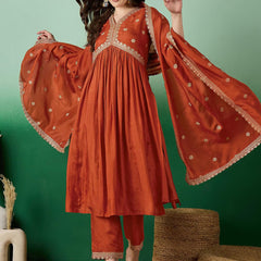 Women's Muslin Silk Embroidered Kurta Pant Dupatta Set