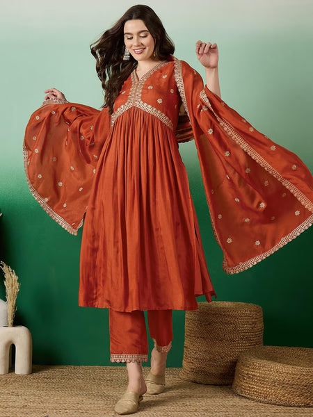 Women's Muslin Silk Embroidered Kurta Pant Dupatta Set