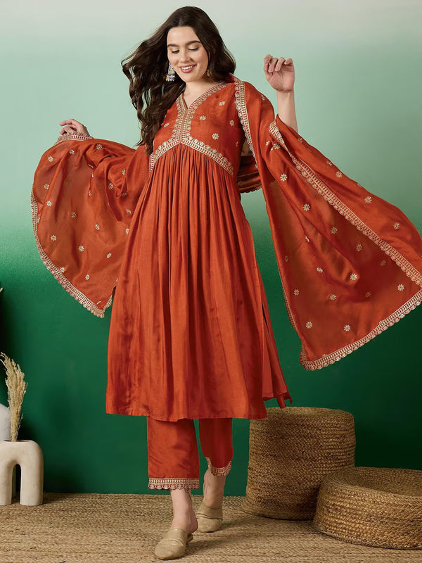 Women's Muslin Silk Embroidered Kurta Pant Dupatta Set