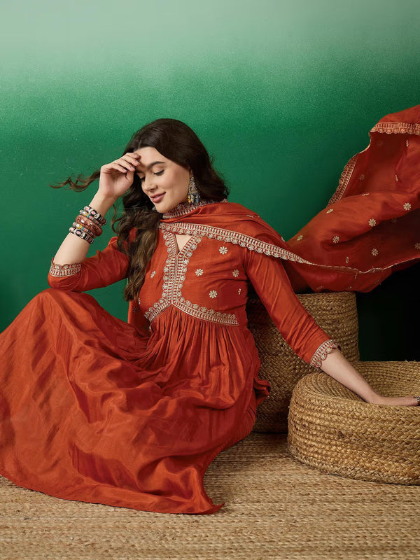 Women's Muslin Silk Embroidered Kurta Pant Dupatta Set