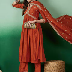 Women's Muslin Silk Embroidered Kurta Pant Dupatta Set
