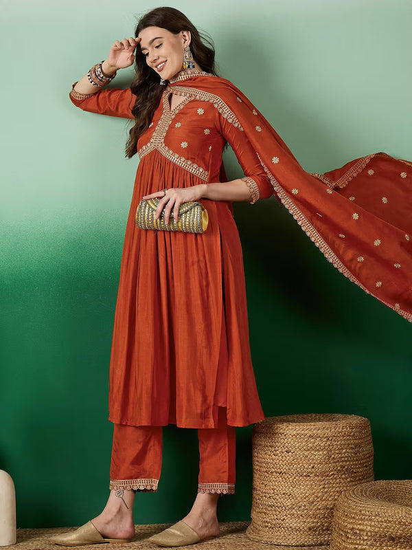 Women's Muslin Silk Embroidered Kurta Pant Dupatta Set