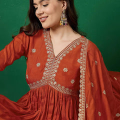 Women's Muslin Silk Embroidered Kurta Pant Dupatta Set