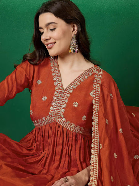 Women's Muslin Silk Embroidered Kurta Pant Dupatta Set