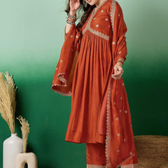 Women's Muslin Silk Embroidered Kurta Pant Dupatta Set