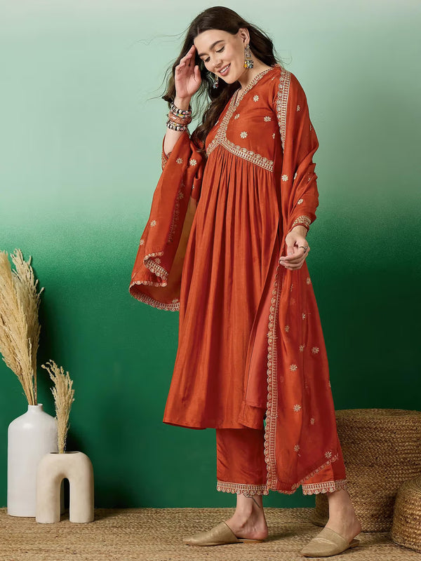 Women's Muslin Silk Embroidered Kurta Pant Dupatta Set