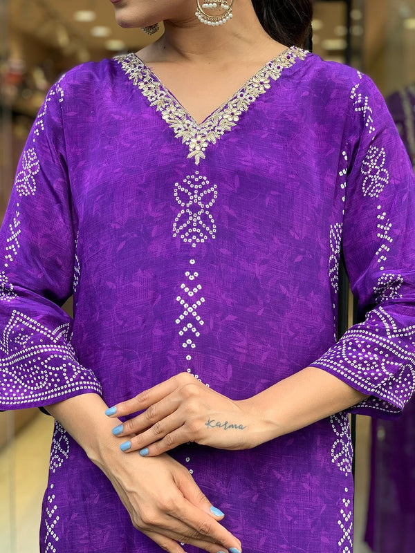 Women’s French Crepe Printed Kurta Set with Gadhwal Bottom & Chinon Dupatta