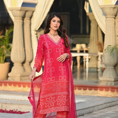 Women's Soft Chinnon Silk Position Printed Kurti with Pant & Nazmeen Dupatta Set