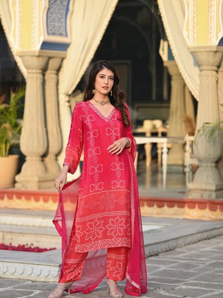 Women's Soft Chinnon Silk Position Printed Kurti with Pant & Nazmeen Dupatta Set