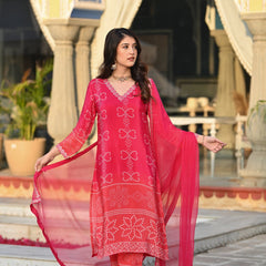 Women's Soft Chinnon Silk Position Printed Kurti with Pant & Nazmeen Dupatta Set