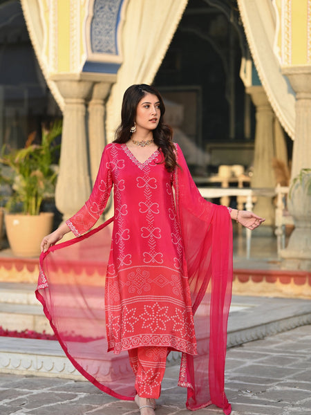 Women's Soft Chinnon Silk Position Printed Kurti with Pant & Nazmeen Dupatta Set