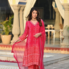 Women's Soft Chinnon Silk Position Printed Kurti with Pant & Nazmeen Dupatta Set