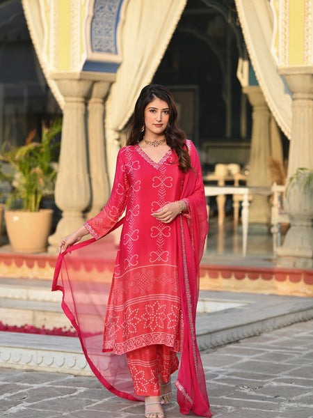 Women's Soft Chinnon Silk Position Printed Kurti with Pant & Nazmeen Dupatta Set