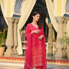 Women's Soft Chinnon Silk Position Printed Kurti with Pant & Nazmeen Dupatta Set