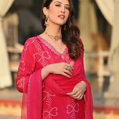 Women's Soft Chinnon Silk Position Printed Kurti with Pant & Nazmeen Dupatta Set