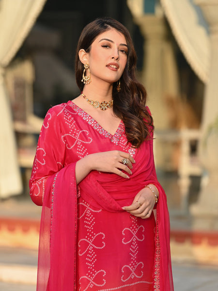 Women's Soft Chinnon Silk Position Printed Kurti with Pant & Nazmeen Dupatta Set