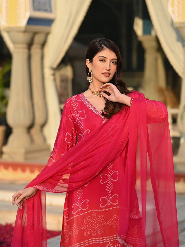 Women's Soft Chinnon Silk Position Printed Kurti with Pant & Nazmeen Dupatta Set