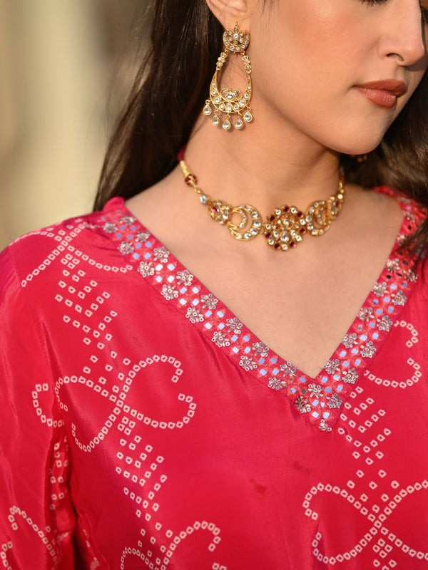 Women's Soft Chinnon Silk Position Printed Kurti with Pant & Nazmeen Dupatta Set