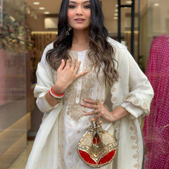 Women's Embroidered Pure Viscose Kurta With Pant & Chanderi Dupatta Set