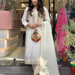 Women's Embroidered Pure Viscose Kurta With Pant & Chanderi Dupatta Set